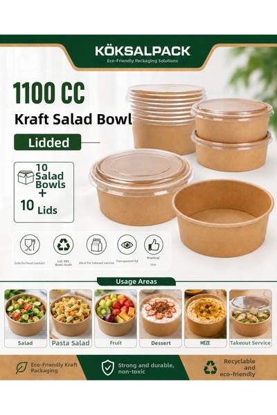 Köksal Pack 10 Pieces of 1100 Cc Kraft Salad Bowl + 10 Transparent Pet Lids