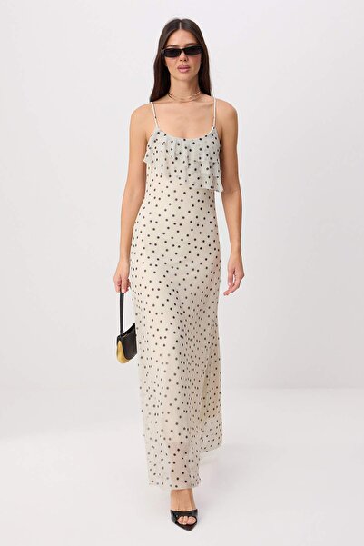 Trendyol Collection Ecru Polka Dot A-Line/ Bell-Shape Thin Straps Flounces/Ru...