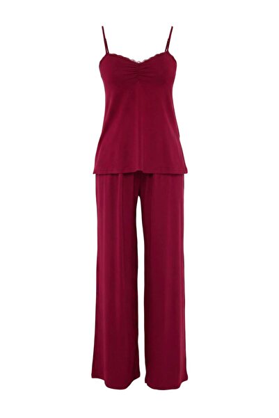Trendyol Collection Set pijamale tricotate din viscoză cu dantelă, 3 piese, r...