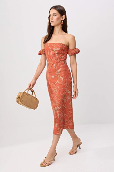 Trendyol Collection Rochie midi țesută cu flori tip țiglă TWOSS26EL00841