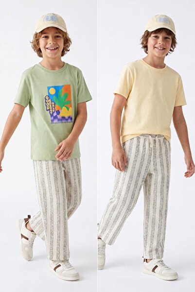 TRENDYOLKIDS Yellow-Green 2-Pack Slogan Knitted T-Shirt Tkdss25Ts00016