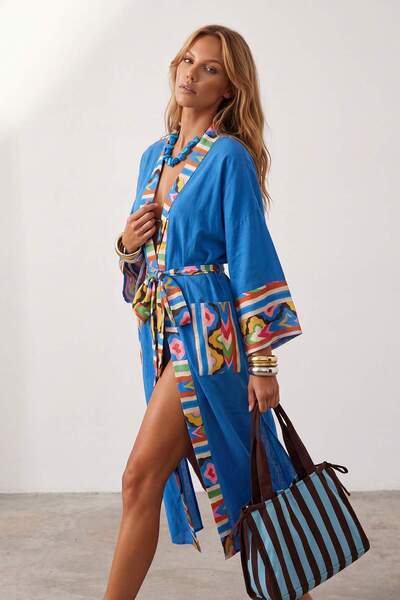 Trendyol Collection Saks Woven Oversize Maxi Shawl Collar Beach Kimono & Kaft...