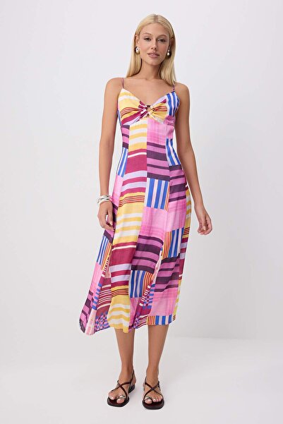 Trendyol Collection Multi-Colored Geometric Pattern Strap Slip Midi Woven Sat...