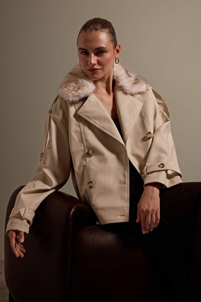 Trendyol Collection Ecru Oversize Faux Fur Collar Faux Leather Jacket Coat Tw...