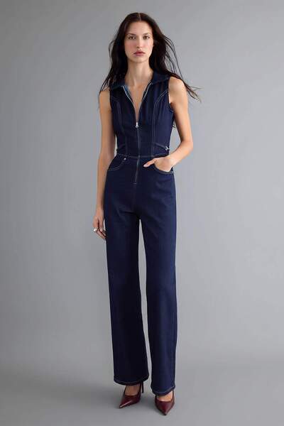 Trendyol Collection Dark Blue Medium Stretch Shirt Collar Denim Jumpsuit Twoa...