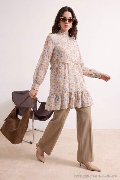 Trendyol Modest Braune Viskose-Midi-Tunika mit Blumenmuster TCTAW27UK00004