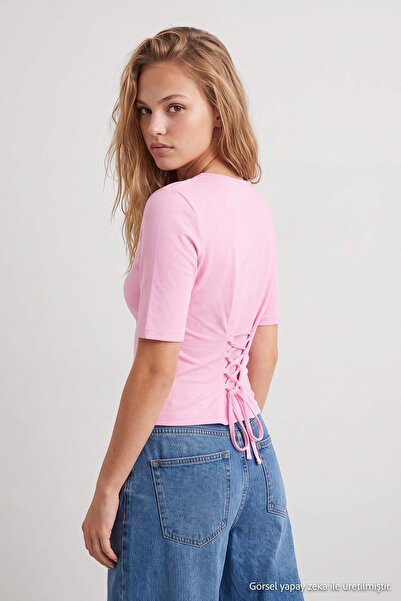 Trendyol Collection Light Pink Plain Fitted/Square Neck Crop/Short Tie Detail...