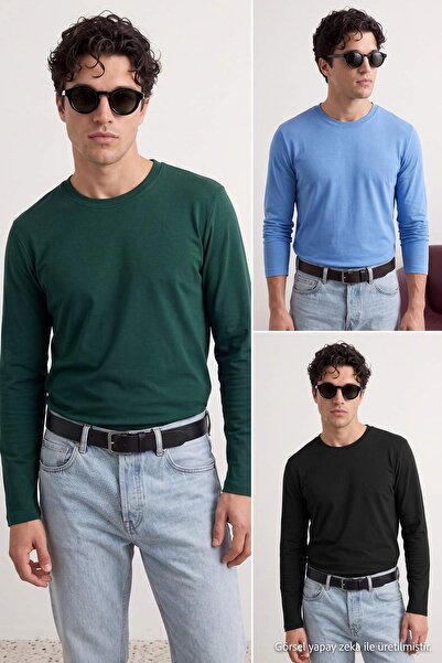 Trendyol Collection Green - Black - Dark Blue Regular/Normal Long Sleeve 3-Pa...