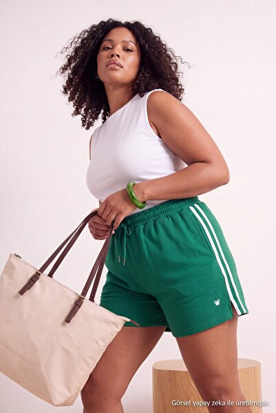 Trendyol Curve Dark Green Knitted Large Size Shorts&Bermuda with Striped Deta...