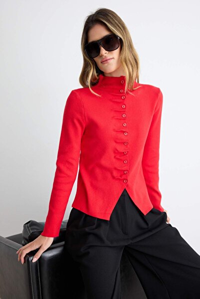 Trendyol Collection كارديجان تريكو أحمر بياقة عالية وحواف مكشكشة TWOAW27HI00154