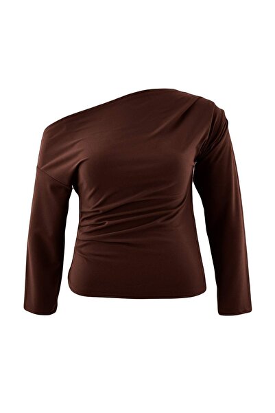 Trendyol Curve Brown Shirring/Drape Detailed Draped Asymmetric Collar Knitted...