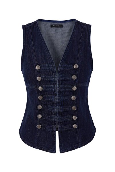 Trendyol Collection Dark Blue Button Detailed V-Neck Denim Vest Twoaw27Ye00022