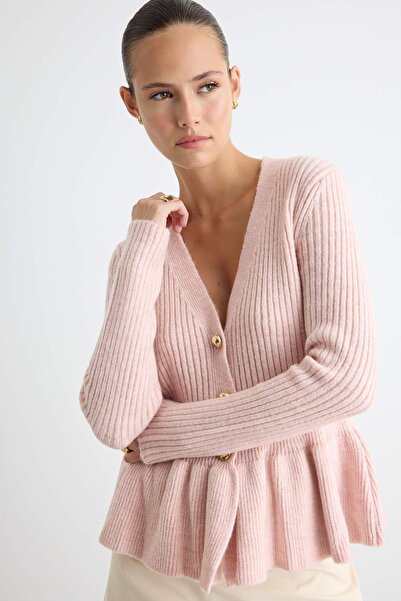 Trendyol Collection Powder Soft Textured V-Neck Waist-Fitted Peplum Knitwear ...