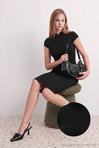 Συλλογή Trendyol Μαύρο Φόρεμα Bodycon/Πλεκτό Φόρεμα με Μανίκια και Γιακά, Μίν...