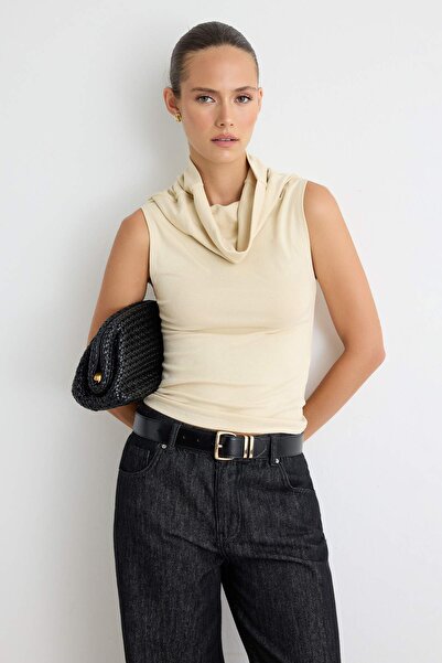 Trendyol Collection Stone Plain Degaje Collar Fitted/Sleeveless Knitted Blous...