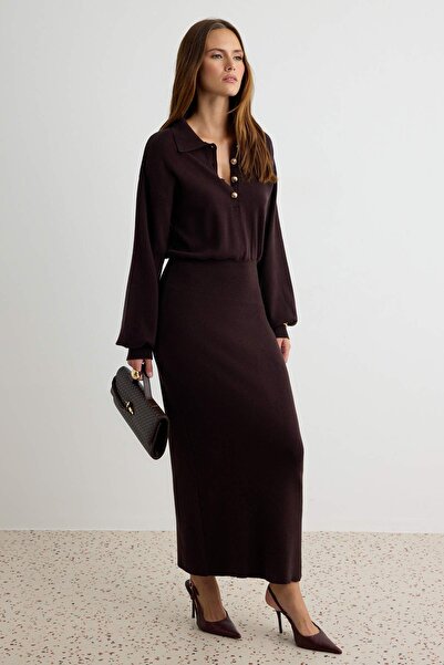 Trendyol Collection Brown Polo Collar Bluzan Plain Maxi Knitwear Dress Twoaw2...