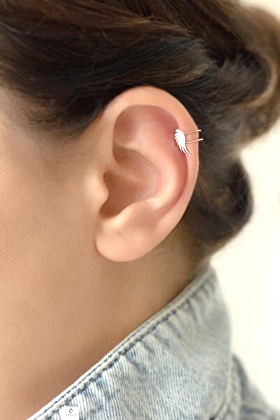 BY BARUN SİLVER Kıkırdak Earcuff Melek Kanadı 925 Ayar Rose Pembe Sıkıştırmal...