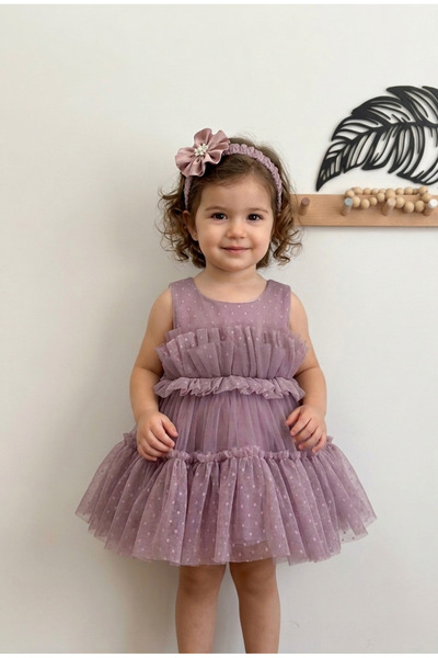 Eray Kids Fırfırlı Bandanalı Mürdüm Dantelli Kız Bebek Abiye Elbise