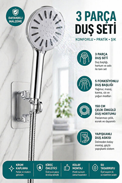 Plodna House Matkapsız Kurulum 5 Fonksiyon Duş Başlığı + Çelik Örgülü Hortum ...