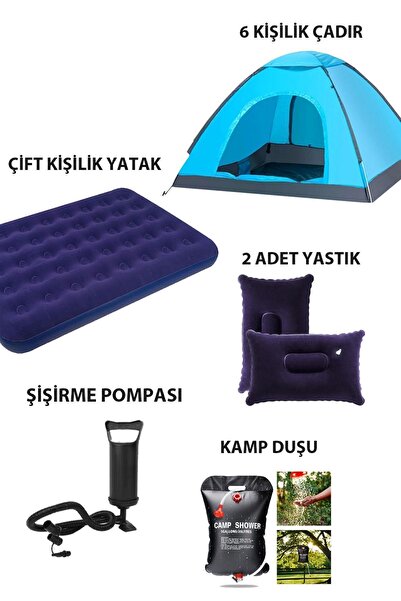 Onetick 6 Kişilik Kamp Çadırı Çift Kişilik Yatak 2 Yastık Kamp Duşu Seti