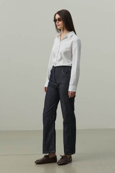 Fahhar Çizgili Straight Denim Pantolon Lacivert