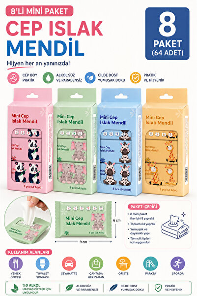 House Bird 8 Li Mini Paket Cep Islak Mendil – Taşınabilir Hijyen Seti