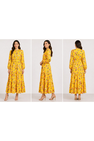 LINELLE Yellow Floral Print Tiered Casual Dress