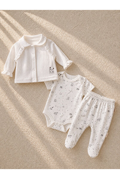 Pookie 100% Organic Cotton Baby Girl 3 Piece Set Cardigan Bodysuit Leggings