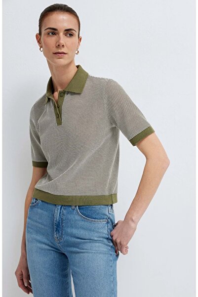 Mavi M1614310 Çizgili Polo Yaka T-Shirt Kadın Tişört HAKİ