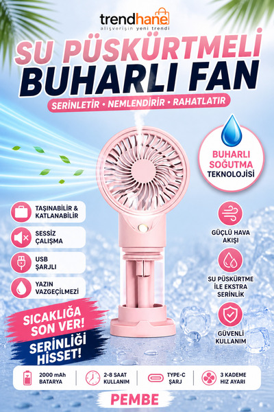Trendhane Sulu Püskürtmeli El Fanı Taşınabilir Mini Vantilatör Şarjlı USB Soğ...
