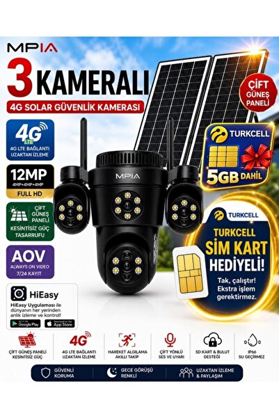 MPIA KOTO 12MP 3 Lens 4G Çift Solar Panel HiEasy AOV (Sürekli Kayıt) Gece Gör...