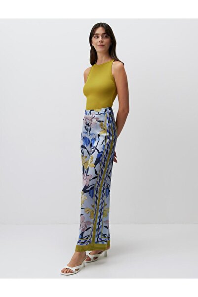 Jimmy Key Pantaloni din satin cu model cu talie înaltă albastru deschis