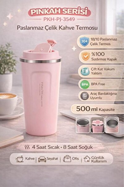 Pinkaholic Pinkah Paslanmaz Çelik Kahve Termos Bardak Matara 500 ml Pembe Ren...