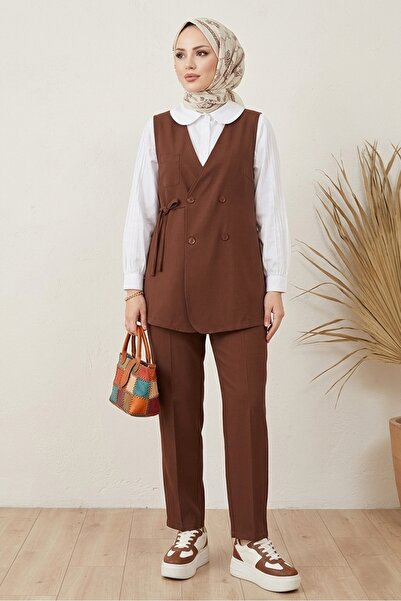Bestenur Set pantaloni vestă din pânză 1395 - maro amar