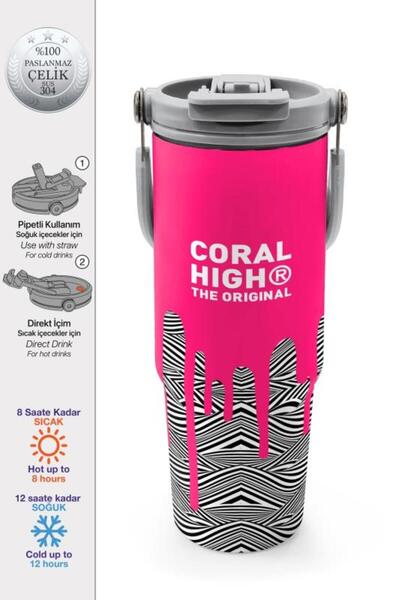 Coral High ترمس فولاذي للأطفال منقوش باللون الوردي والأسود والأبيض مع شفاطة و...