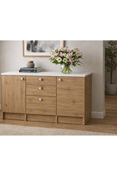 Tdesigno Kora Alt Modül-Çok Amaçlı Dolap -150 cm -2 Kapaklı-3 Çekmeceli-Lamin...