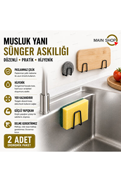 MAİN SHOP 2 Adet Siyah Sünger Askılığı Evye Sünger'liği Banyo Mutfak Düzenley...