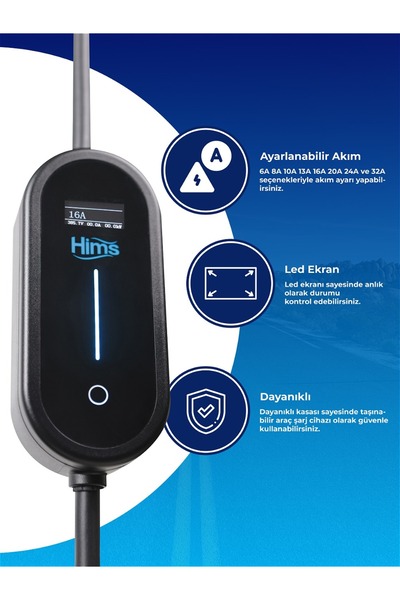 Hims 7kW Ev Tipi Taşınabilir Elektrikli Araç Şarj İstasyonu HCTK-7-PS