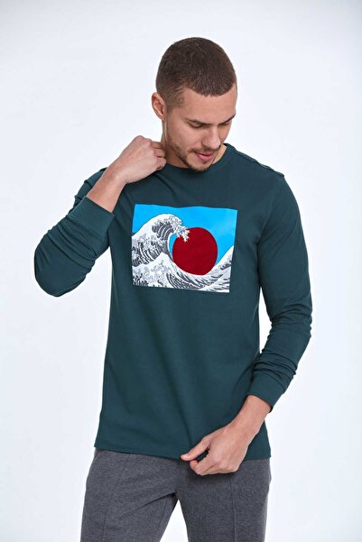 Voltaj okrugla kragna Sunce i talas Štampano Dugi rukav T-shirt Zeleno