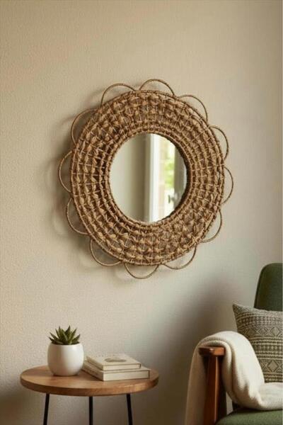 Bayev Rattan Çiçek 55 Cm Dekoratif Ayna 9143 - Dekoratif Hasır Yuvarlak Ayna