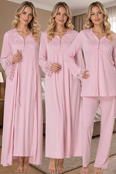 Lohusa Homewear New Season Pink Long Sleeve Stylish Lace Embroidered Design D...