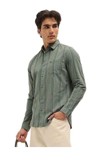 The Bear House Men's Green Vertical Stripes Slim Fit Casual Shirt for Every O...