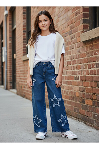 poozkids Girl's Star Patterned Blue Denim Trousers – Relaxed Fit Jeans