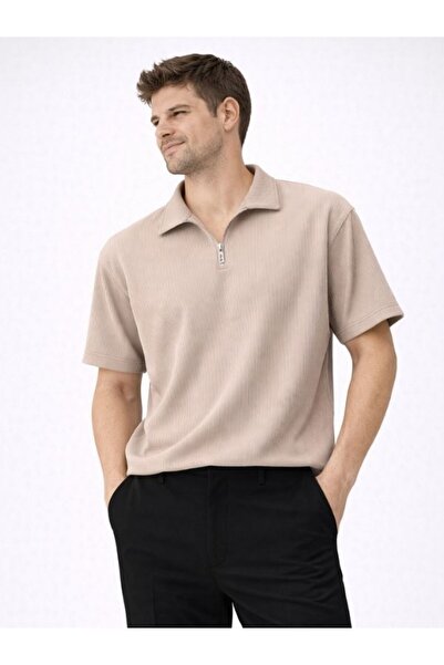 EXPECTED Men's Beige Ottoman Fabric Zippered Polo Collar T-Shirt Daily Comfor...