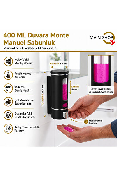 MAİN SHOP 1 Adet 400 ML Duvara Monte Manuel Sıvı Sabunluk - Siyah Şık Tasarım...