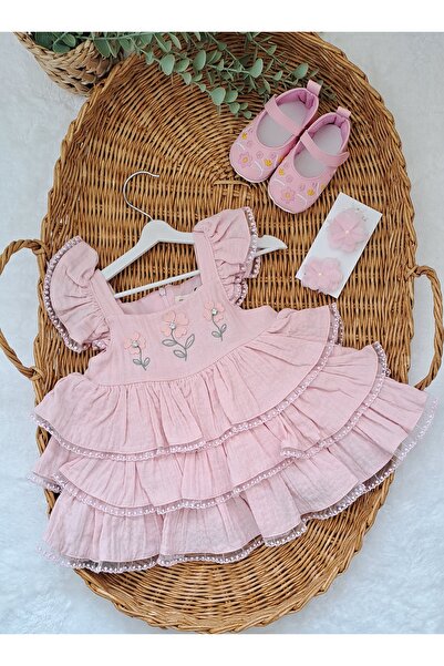 MasalBebek_tr Kız Bebek %100 Pamuk Organik Müslin Pembe Çiçek Fırfırlı Bebek ...