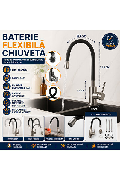 SMARTECH Baterie de chiuvetă de bucătărie, rotativă la 360°, reglabilă pe înă...