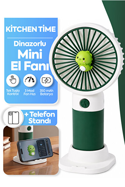 Kitchen Time Dinazor Figürlü Tasarım 3 Kademeli Sessiz Mini El Masa Fan Vanti...