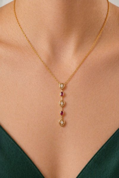 Luviant 316L Steel Gold Red and White Stone Y Model Necklace Anti-Allergic Non-Tarnish Women's Necklace