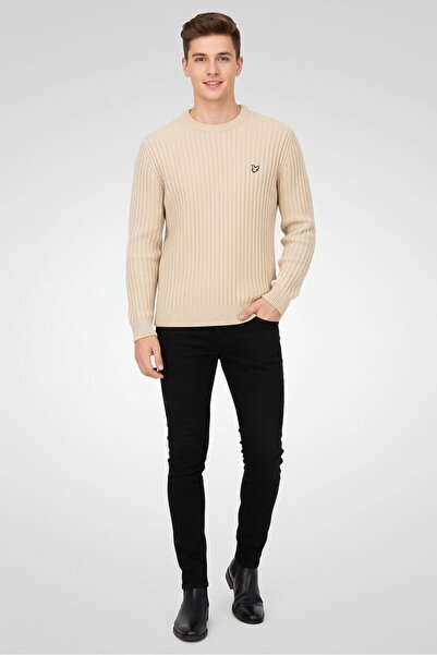 Lyle & Scott سترة كروشيه بأكمام طويلة ورقبة دائرية للرجال، لون بيج